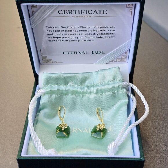Dynasty ✦ Nephrite Jade Square Drops ✦ 18k Gold Over 925 Silver Earrings NWT - Picture 10 of 17